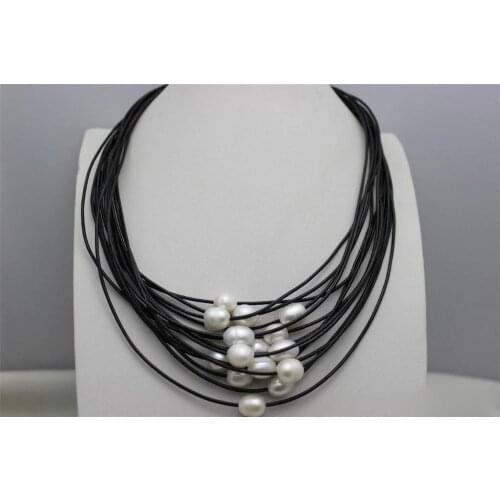 Free shipping >>>>>White 10x12mm freshwater pearls 15strands black leather cord necklace
