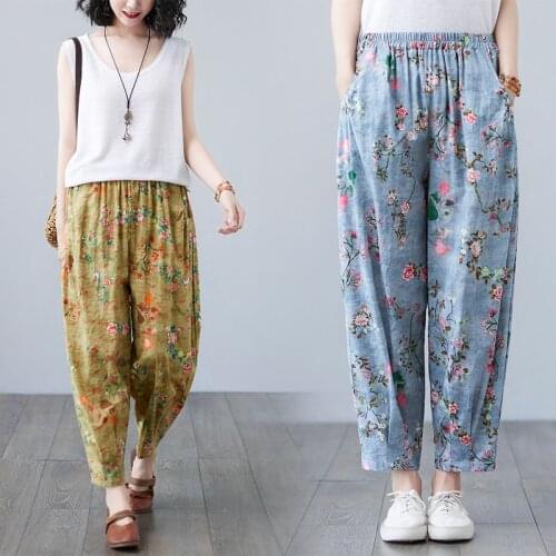 Thin Soft Cotton Linen Loose Summer Pants 2021 New Arrival Print Floral Vintage Pants High Waist All-match Casual Harem Pants