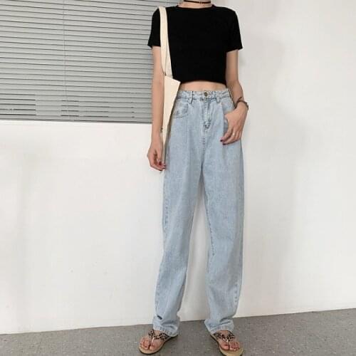 2021 New Womens Spring High Waist Denim Wide Leg Trouser Vintage Pendant Feeling Baggy Blue Girl Student Straight Long Pants