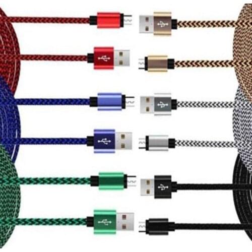 200pcs 1m Metal alloy Fabric Nylon Braided Micro USB Cable Lead Charger Cord accessory bundles for samsung s6 s7 for htc