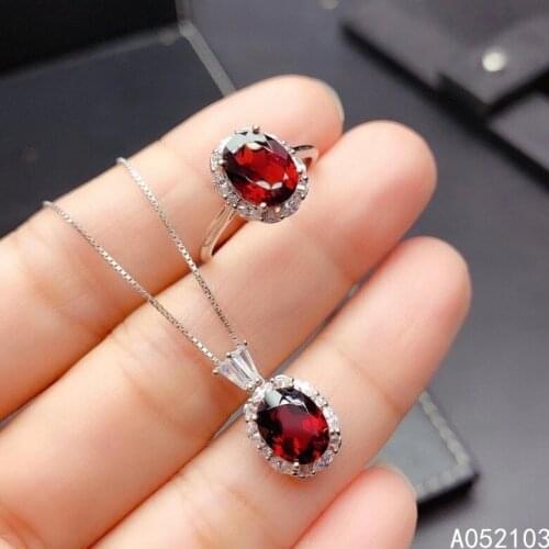 KJJEAXCMY fine jewelry 925 sterling silver inlaid natural garnet Womens fresh and simple gem ring pendant set support check