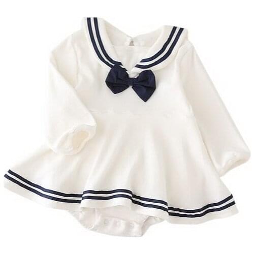 KOKI Baby Girls Romper White Bow Stripe White College Navy Style Dress Bodysuit Long Sleeve Cotton Infant Outwear Clothing