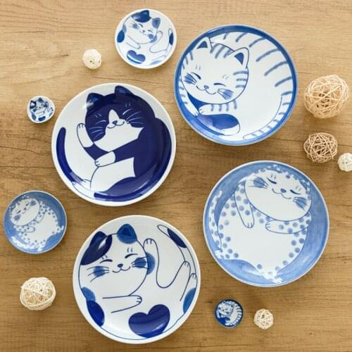 Cute Cat Ceramic Tableware Underglaze Ceramic Noodle Bowl Japanese Blue and White Plate Dessert Plate Bowls and Plates