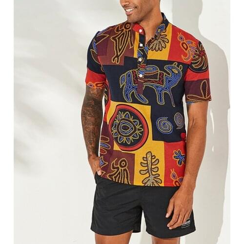 Mens Ethnic Print Stand-up Collar Short-sleeved Shirt Loose Cotton Shirt Hawaiian Breathable Retro Shirt S-5XL