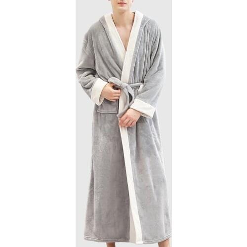 Men Autumn Winter Flannel Long Sleeve Maxi Bathrobe Pockets Hooded Sleepwear robe sleepwear