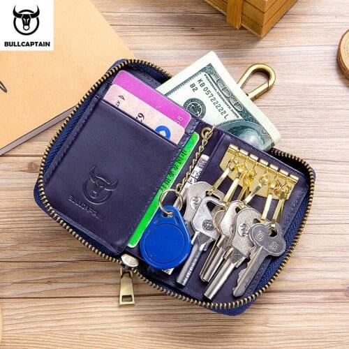 Nature Cowhide Leather Key Wallet RFID Blocking Multi-function Card Holder Coin Purse Men Women Housekeeper Key Organizer Case