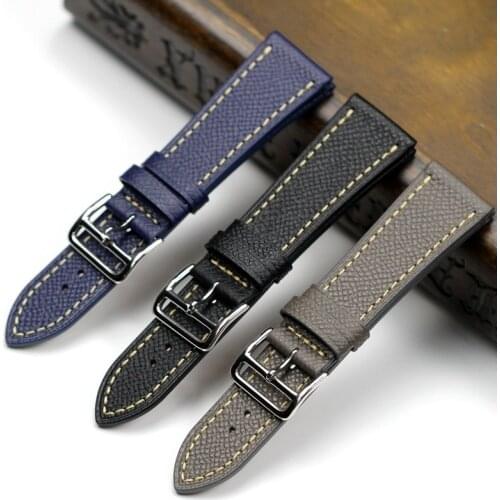 PASTARY Handmade Pebbled Leather Watchband 22MM 24MM Black Blue Gray Leather Strap H Buckle Watch Band Mens Watch Accessories