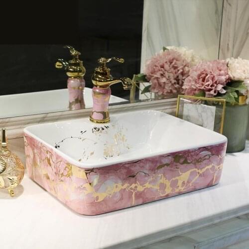 Pink Square Art Lavabo Bathroom Vessel Sinks rectangular counter top wash sink hand painted ceramic wash basin bathroom sink