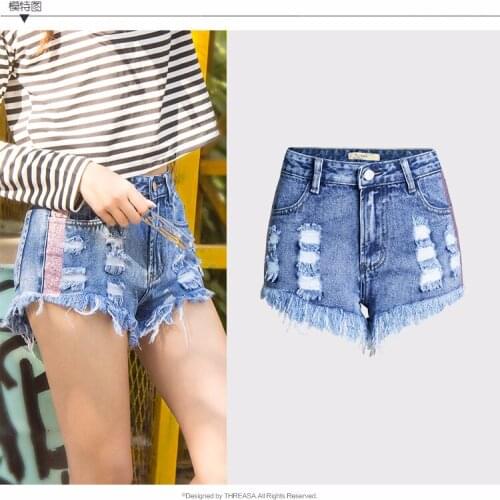 Holes Irregular Summer Denim Shorts Ripeed Tassel High Waist Jeans Shorts Ripped Jeans Woman Clothing TSL070