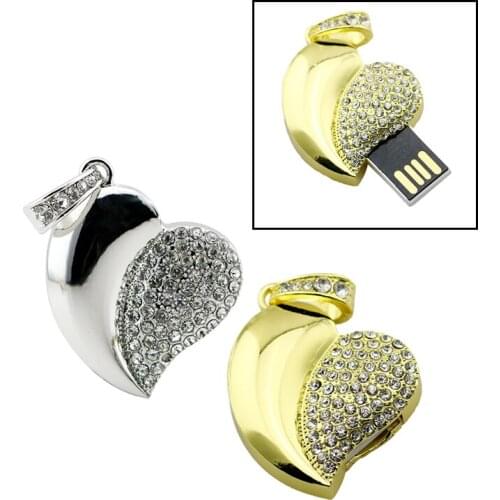 Crystal Diamond Love Heart Necklace Usb Flash Drive Pendrive 4GB 16GB 32GB 64GB Necklace Gold Heart Shape Memory Stick Gift