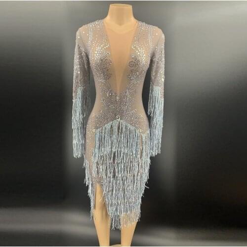 Silver Rhinestones Fringes Dress Prom Evening Performance Outfit Singer Dancer See Through Mesh Dress Club Tassel Sexy Dress