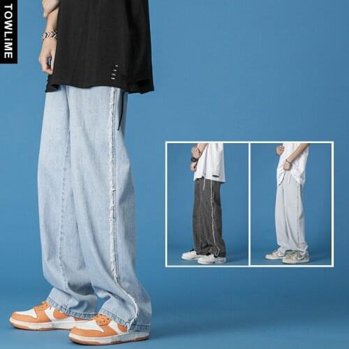 Chic Men Fashion Side Raw Edge Jean Pants Korean Streetwear Mens Wide Leg Casual Baggy Straight Jeans Hip Hop Couple Trousers
