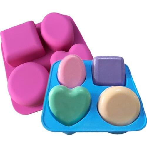 4 Cavities Heart Square Round Oval Geometry Silicone Soap Mold Silicone Cake Baking Pan Muffin Cup Mousse Mold Soap DIY Mould