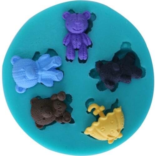 Silicone Round Fondant Cake Decorating Mold Sugar Craft Mould 4 Bears and 1 Umbrella Shaped