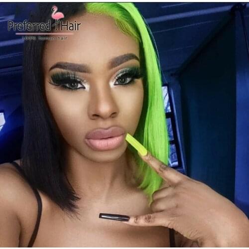 Preferred Half Green Half Black Bob Lace Front Wigs Brazilian Remy Half Orange Half Blonde Ombre Human Hair Wig for Women