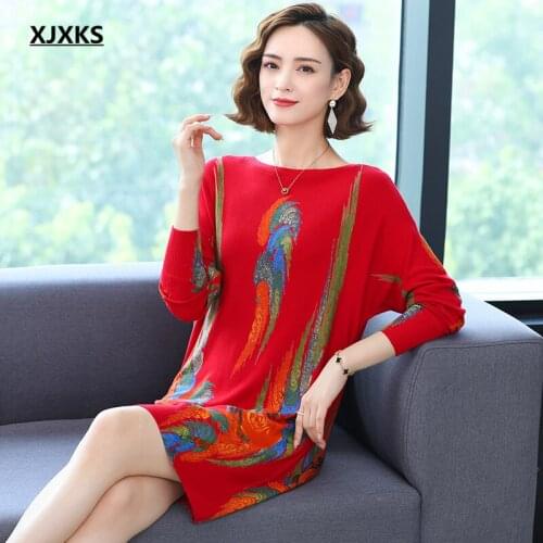 XJXKS High-end wool knitted long sweater women dress autumn winter 2021 new loose plus size women sweater pullover
