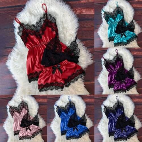 Women Pajamas V-Neck Eyelash Lace Sexy Stain Camisole Pajamas Bowknot Shorts Set Sleepwear Nightdress Комплект женской пижамы