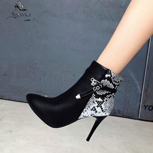 Sgesvier Fashion Yellow White Patchwork Snake Print Stiletto High Heel Boots Female Pointed Toe Bucke Ankle Boots Female Shoes