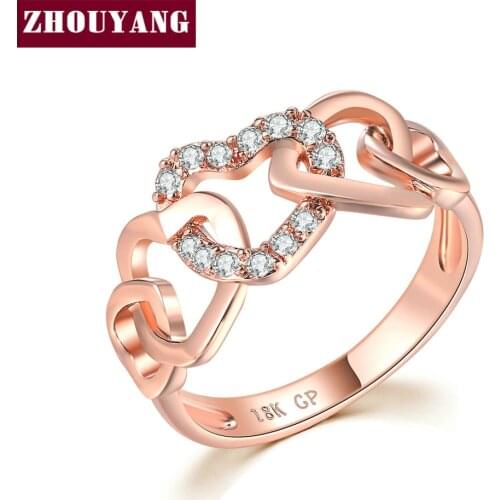 ZHOUYANG Rings For Women Romantic Hollow Out Heart To Heart Cubic Zirconia Rose Gold Color Christmax Gift Fashion Jewelry R668