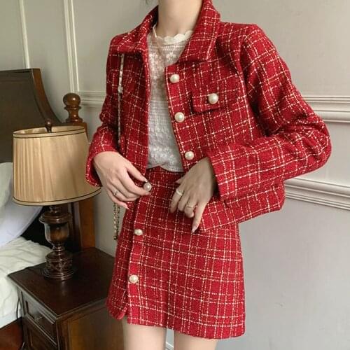 Women New 2021 Autumn Winter Ret 2 Piece Set Female Short Tweed Jacket Coat & Mini Skirt Set Lady Chic Two Piece Outfits
