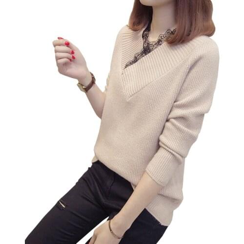 Pullover Women 2021 New Autumn Winter Korean V-Neck Lace Pullovers and Sweaters Long Sleeve Casual Loose Knitted Tops Pull Femme