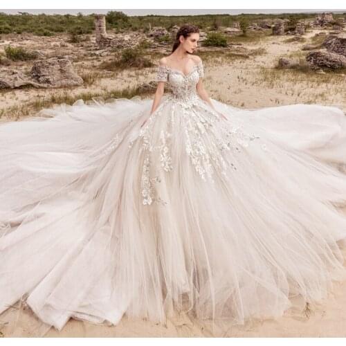 Elegant Wedding Dresses 3D Floral Appliques Off Shoulder Bridal Dress Ball Gown Country Wedding Vestidos De Novia