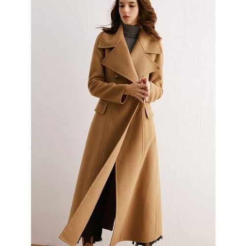 Winter new super long waist closing large lapel Australian cashmere double-sided cashmere wool coat womens coat