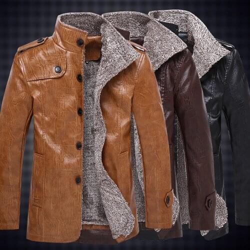 2017 Mens Leather Trench Coats Men Jackets Male Leather Warm Coat Wool Windbreaker Fleece Outerwear Winter Coats