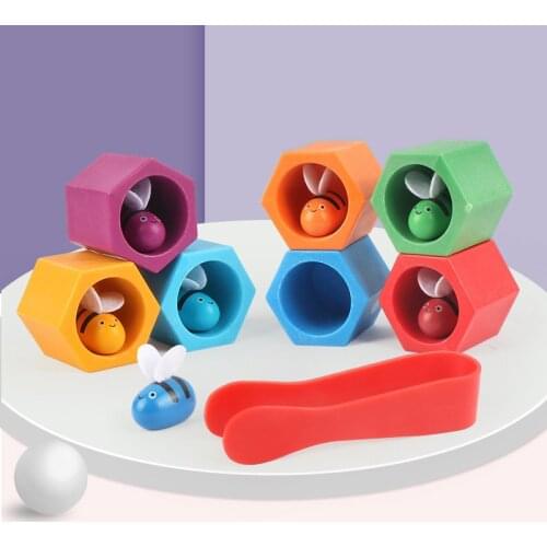 Wooden Toys Hive Board Games Children Early Education Clip Catch Bee Sensory Toys For Kids Hand-eye Coordination Game