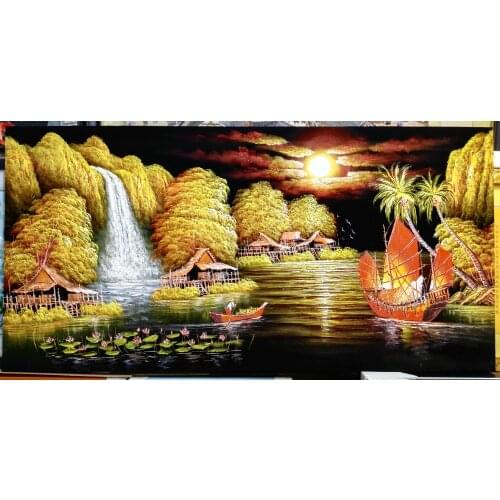 100%Hand Painted Oil Painting on Flannelette Abstract Boat River Landscape Canvas Painting Wall Art Picture for Home Decor