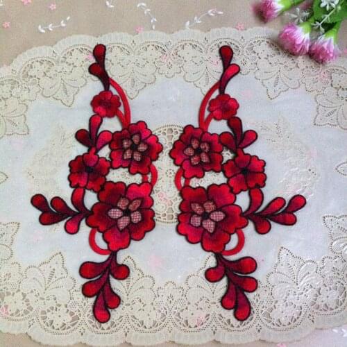 1 Pair/2 Pieces 11*25cm Flower Pattern Lace Patch Fabric Unique Design Beautiful Red Lace Applique Trim