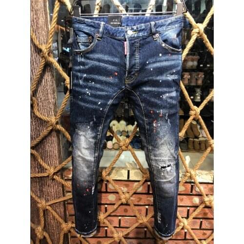 New Mens Jeans With Ripped Holes And elastic Paint Spray Blue Stitching Beggar Pants A222