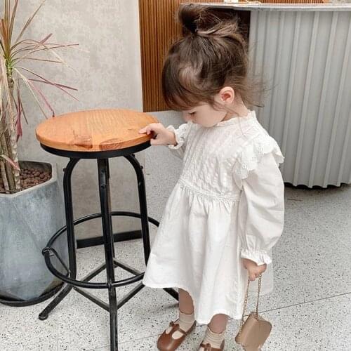 Girls Flower Solid Color Dress Autumn Sweet Long Sleeve Princess Dresses Size For 90-130 Children Kids Casual White Cute Clothes