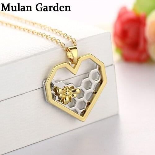 M&G Trendy Alloy Gold Bee Honeycomb Heart Pendant Necklace Geometric Fashion Necklace Personality Jewelry Girlfriend Gift