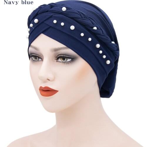 Braid Turbans For Hair Women Pearls Bonnet Hijab Muslim Solid Color Stretchy Turban Cap Islamic Head Wrap Cap Turbantec Mujer
