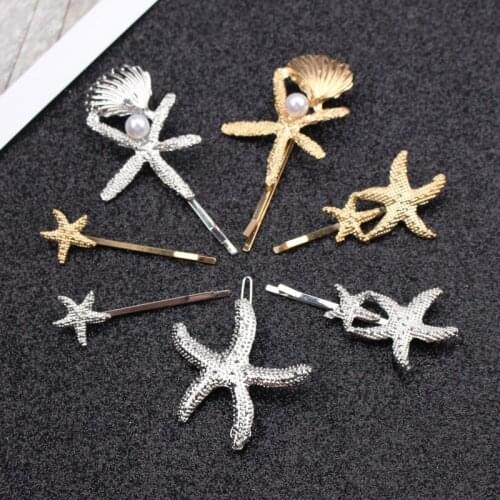 T157 New Fashion Imitation Pearl Barrettes Starfish Hair Grip Shell Hairpin Hair Clip Hair Accessories for Women Girl Wedding