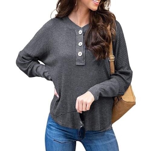 Womens Long Sleeve Shirt Blusa Pullover Autumn Fashion Buttons Knitting Blouse Winter Casual V-Neck Basic Tops Tee Top Female