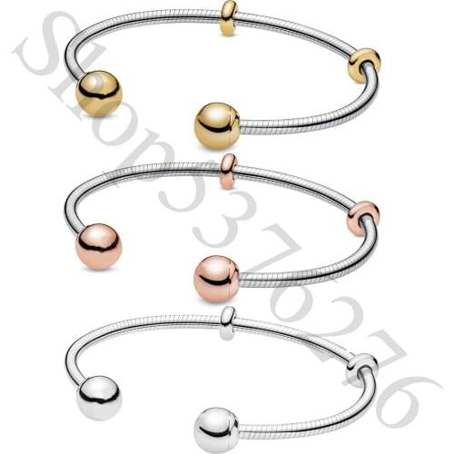 Real 925 Sterling Silver Moments Snake Chain Style Fashion Open Bangle Fit Pandora Women Bead Charm Bracelet Gift DIY Jewelry