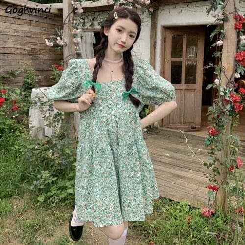 Sweet Backless Bow Dress Women Summer Retro Puff Short Sleeve Elegant A-line Loose Fashion Casual Korean Style Kawaii Tender OL
