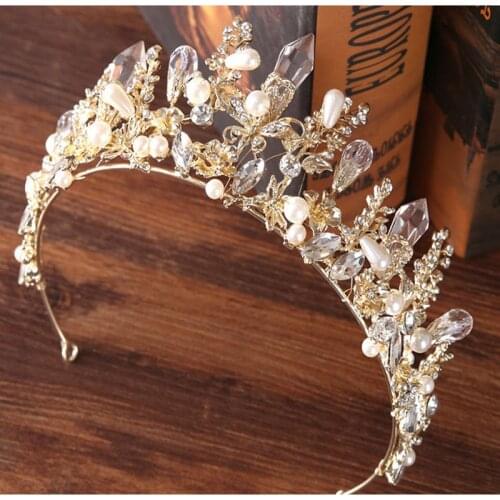 Handmade Beaded Crystal Gold Jewelry Crown Bride Shiny Hair Accessory Simulated Pearl Ornaments Tiaras For Wedding Gifts