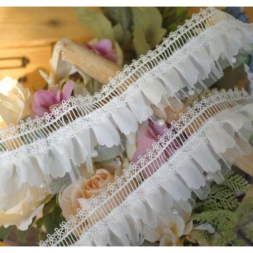 2meters/lot 6cm Mesh Lace+ Ruffles Lace Trim +Beads Decoration Girls Dress Skirt Baby Doll Home Decoration Accessory W153
