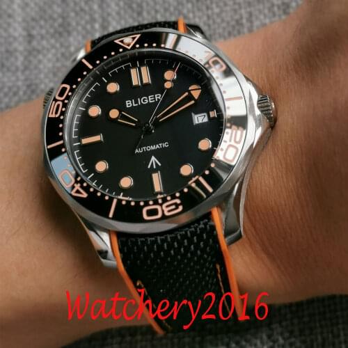 41mm Bliger Black Dial Luminous Orange number Ceramic Bezel Sapphire Glass NH35 Date Automatic Mens Watch