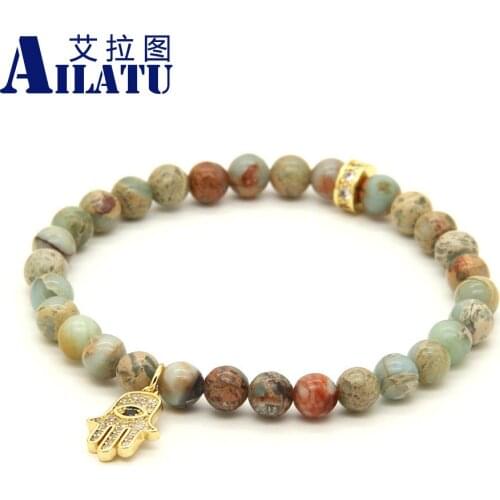 Ailatu Womens Jewelry 10pcs/lot 6mm Natural Agalmatolite Stone with Micro Inlay Zircons Fatima Hand Hamsa Pendant Bracelets