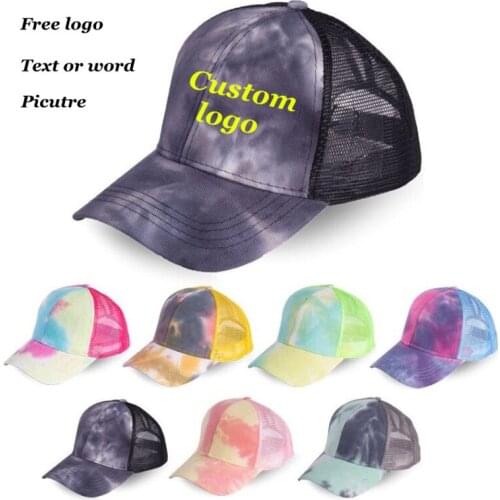Embroidery Custom logo ponytail baseball cap Women 100% Cotton Tie dye colors snapback trucker hats Painting casquette gorros