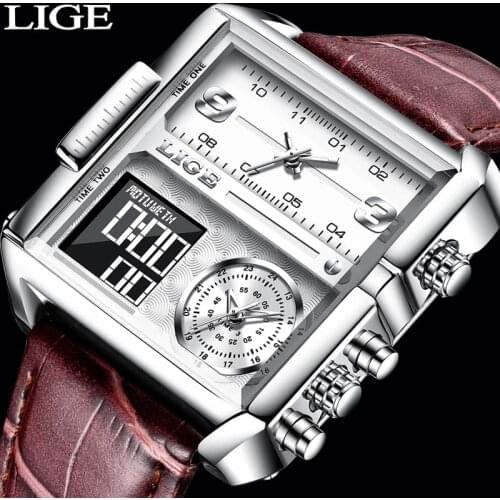 LIGE Original Watch Men Top Brand Luxury Rectangle Quartz Military Watches Waterproof Luminous Leather Wristwatch Men Clock+Box