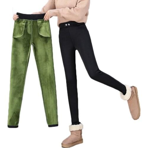Black Warm Pants Winter Skinny Thick Velvet Casual Wool Fleece Trousers Lambskin Cashmere Pants For Women Leggings W1791
