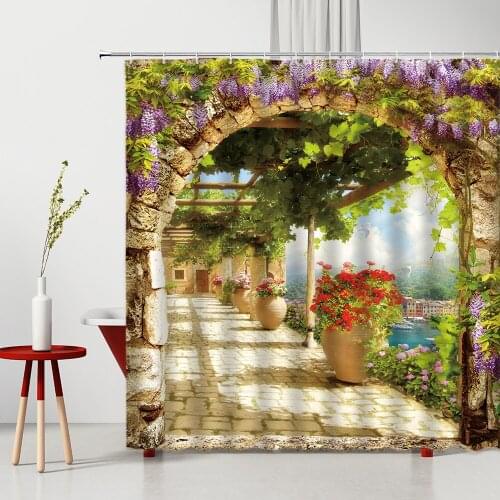 Flowers Shower Curtain Green Leaf Landscape Corridor European Style Building Bathtub Screen Porch Decorative Paintings With Hook