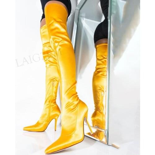 DOBANER Women Thigh High Boots Satin Heels Boots Side Zip Over Knee Botas Frauen Stiefel Lady Shoes Woman Big Size 43 44 47