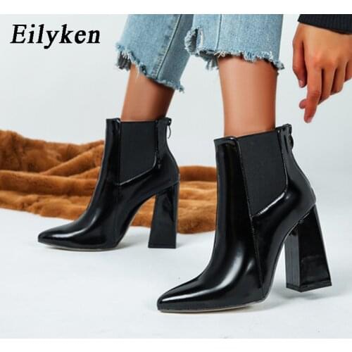 Eilyken 2021 New Thick High Heels Women Ankle Boots High Quality Serpentine PU Leather Pointed Toe Zip Female Boot Ladies Shoes