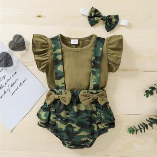 Baby Girls Clothes Set Fly Sleeve O-neck Romper Camouflage Suspender Shorts Bow-knot Headband Babys Sets